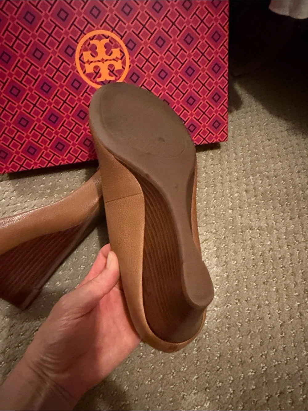 Tory Burch Brown Leather Logo Round-Toe Wedges